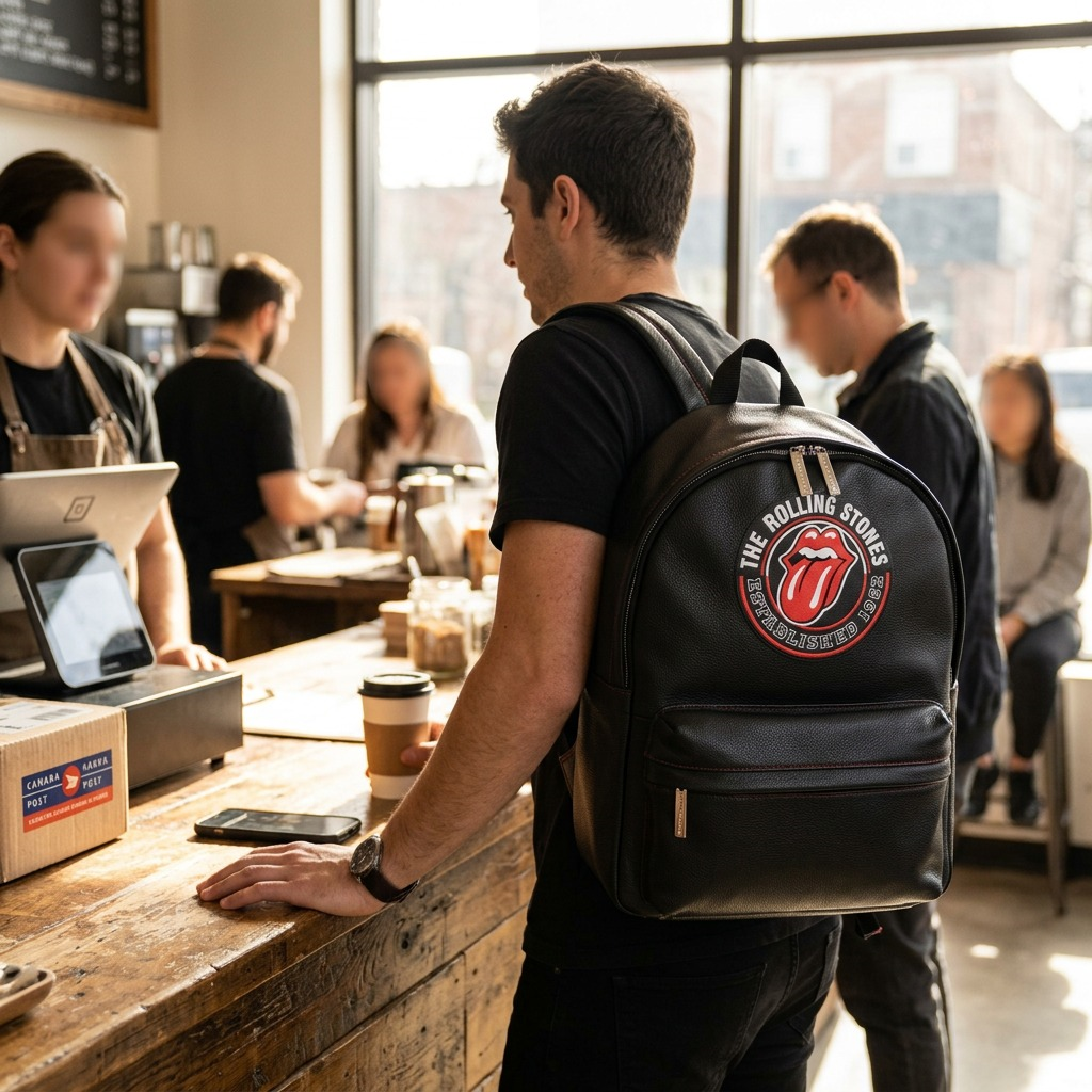 A lifestyle photograph of The Rolling Stones Watts Leather Backpack, with its clear band logo, being worn at a coffee shop, showcasing its leather texture and everyday practicality by a customer ordering a drink.