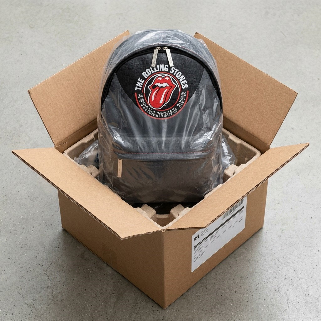 A premium unboxing view: The Rolling Stones leather backpack is revealed safely from protective materials within a sturdy carton.