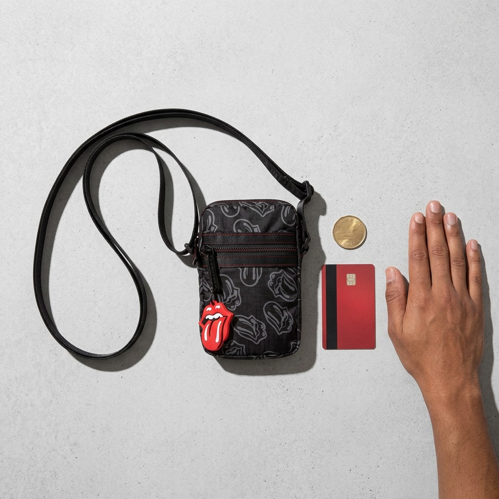A high-resolution product shot of the black Bugatti x Rolling Stones mobile case against a pure white background. The small crossbody bag, made of grey-on-black logo-patterned ripstop polyester, features a prominent red tongue logo charm attached to the zipper pull. Full black shoulder strap included.