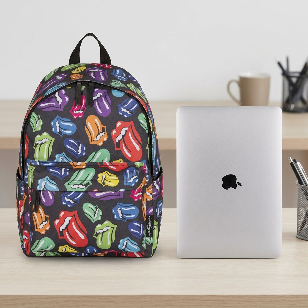 Pure hero shot of the Bugatti BKP6020RS Rolling Stones backpack, a multi-colored tongue logo pattern.