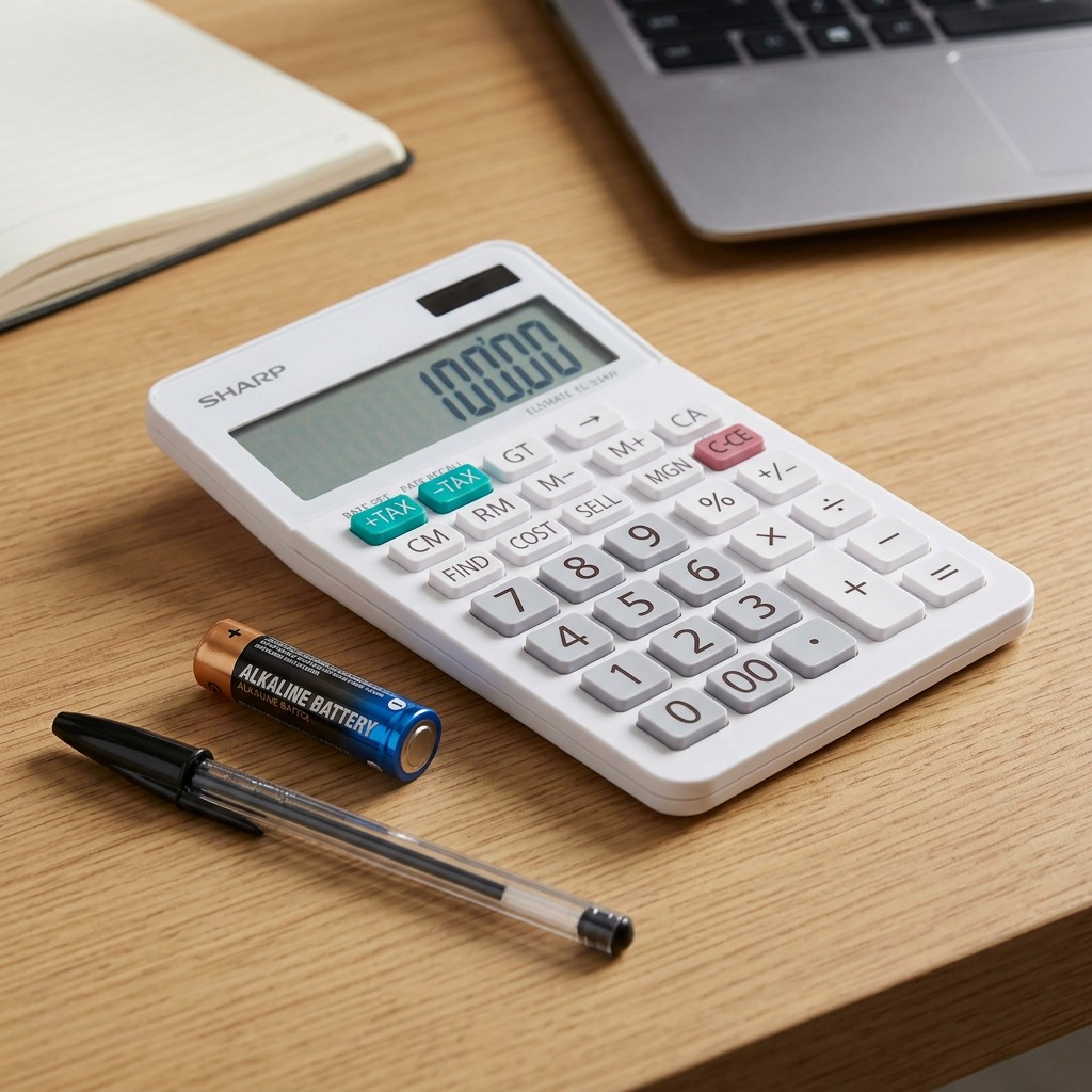 High-resolution hero shot of the white Sharp EL334W desktop calculator on a pure white background.