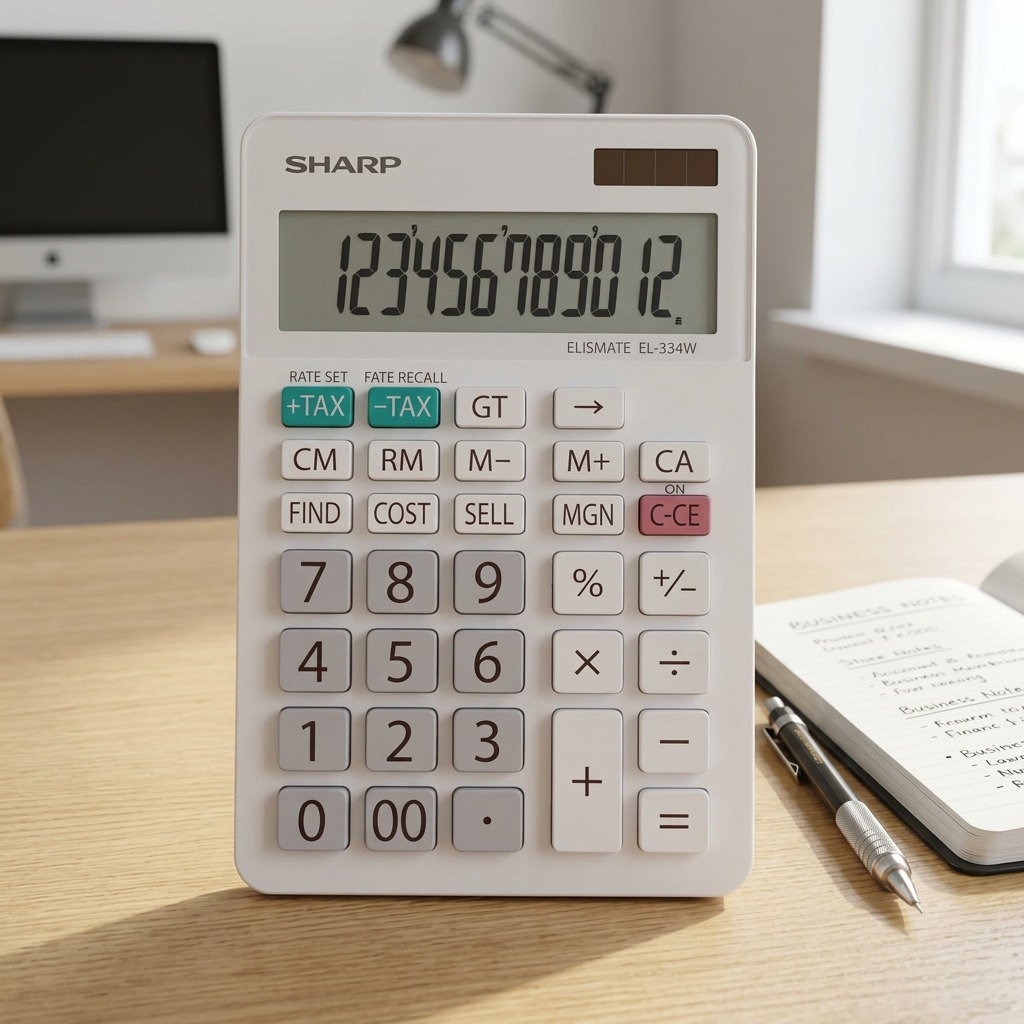Présentation sur un bureau : SHARP EL334W (calculatrice)
