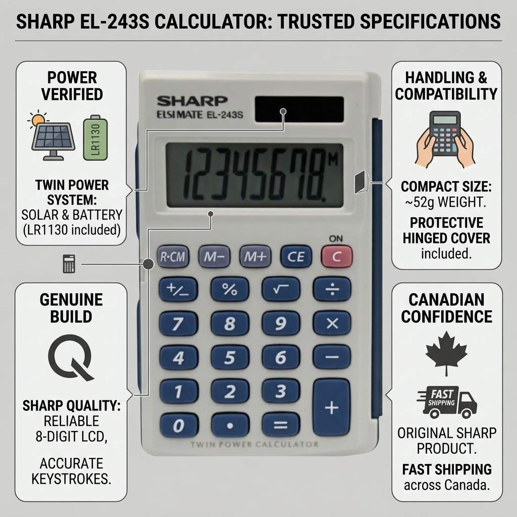 Infographie des caractéristiques : SHARP EL243S (calculatrice)