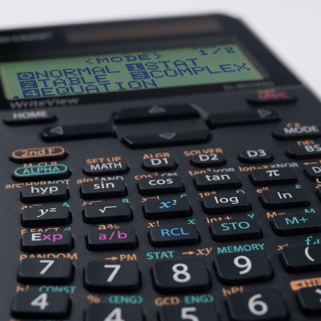 Sharp ELW516XGSL scientific calculator heroic shot, showing 640 functions, Twin Power, on white background.