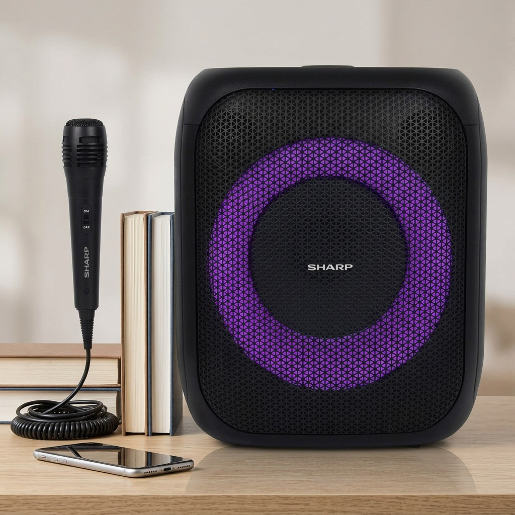 A pure high-resolution ecommerce hero shot of the SHARP PS-914 speaker, standalone with purple LED light.