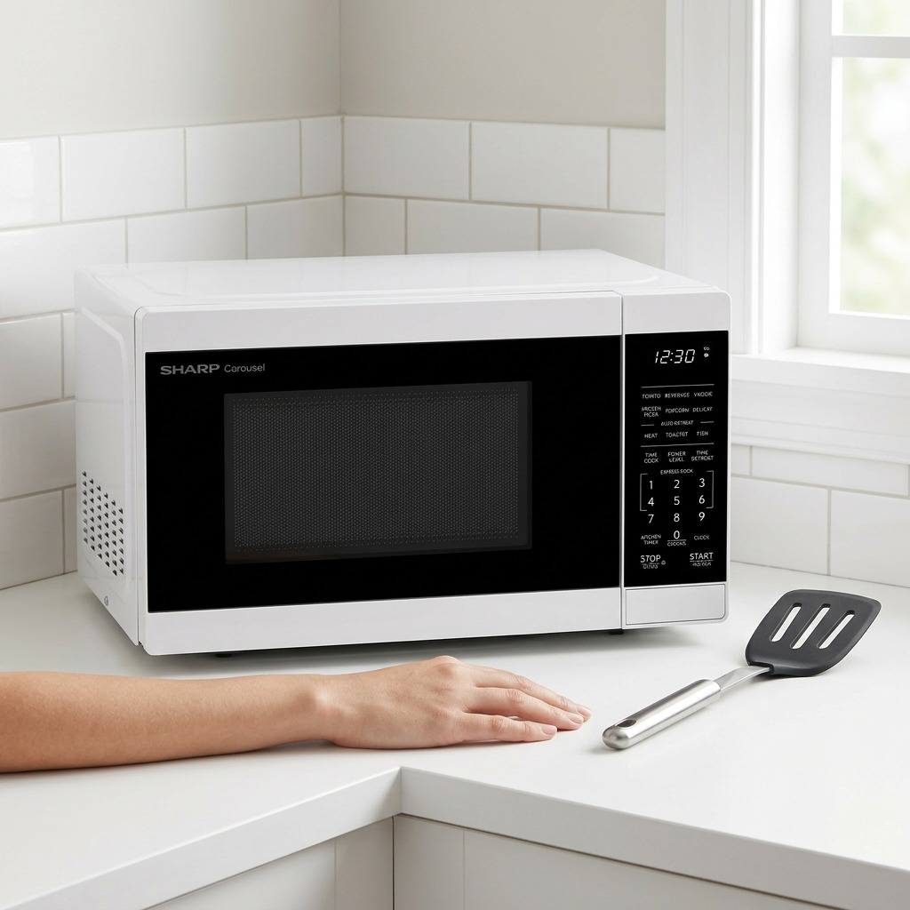 Scale comparison of the SHARP 0.7 cu. ft. white microwave (image_0.png) next to a standard kitchen spatula on a countertop.