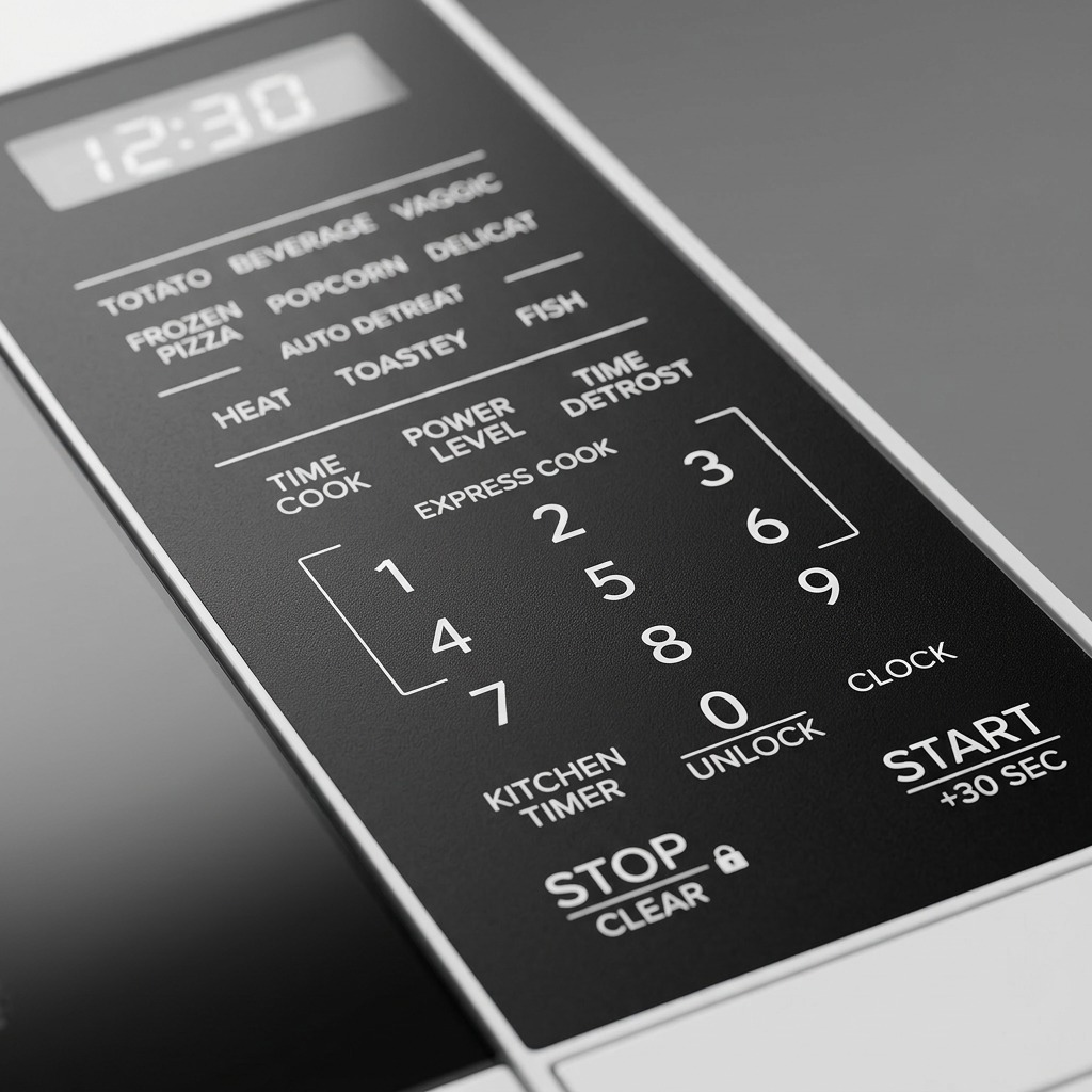 Macro photograph of the Sharp microwave control panel's 'Express Cook' keypad and display, showing precise button details.