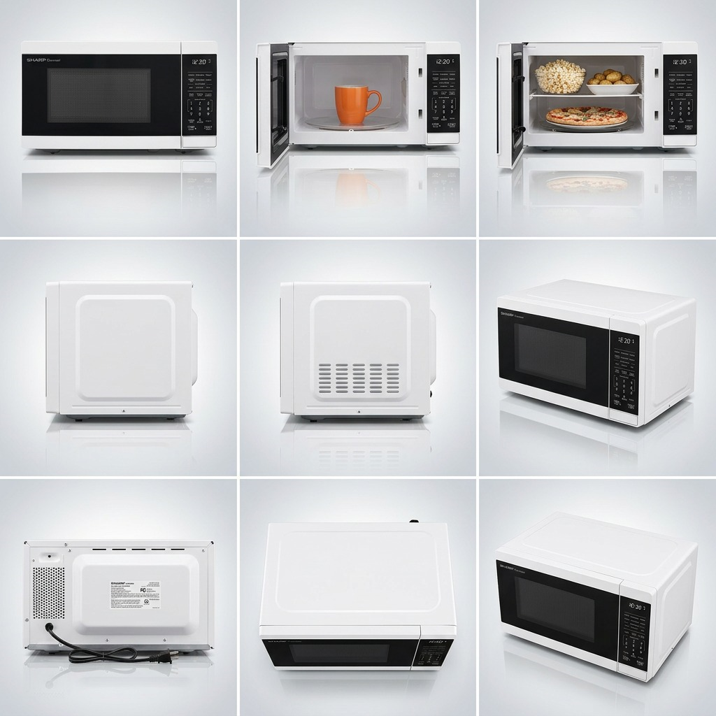 A 3x3 grid showing nine angles of the white SHARP SMC0760KWC countertop microwave.