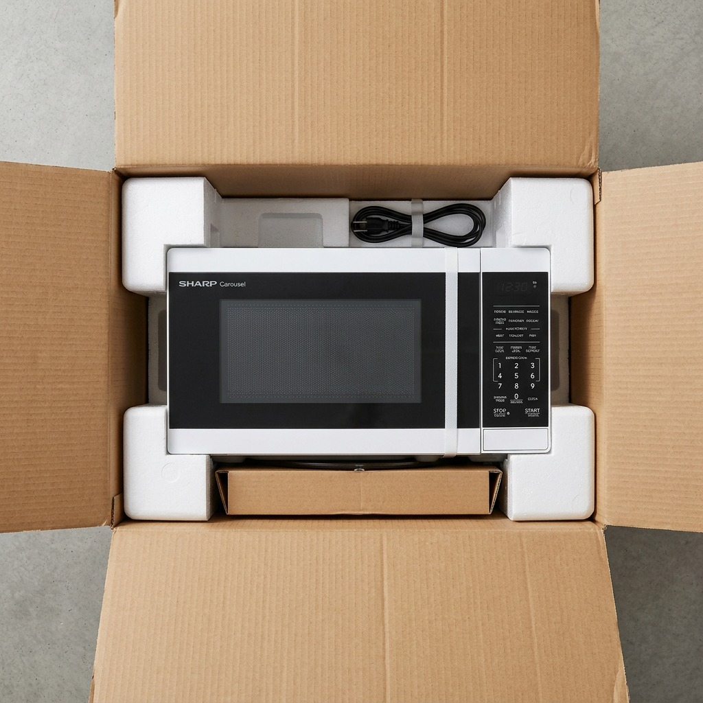 A top-down view of the SHARP (SMC0760KWC) microwave being securely unboxed, encased in custom-engineered protective polystyrene foam inserts.
