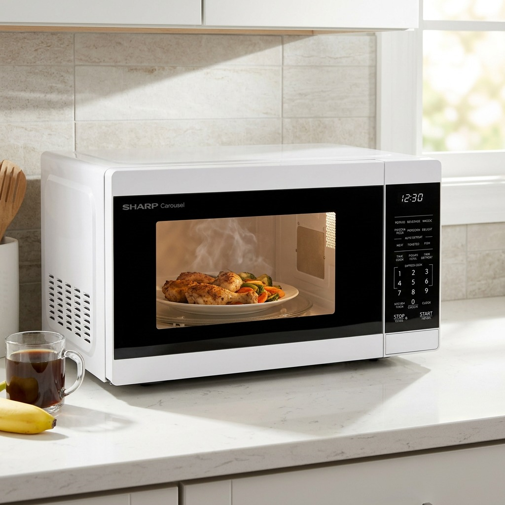 A Sharp Carousel microwave with food inside, surrounded by kitchen items on a light counter.