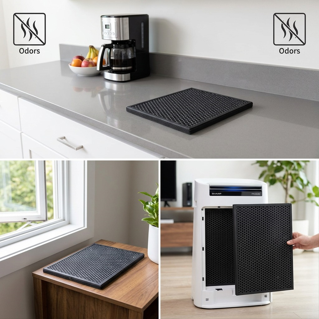 Filtre désodorisant SHARP FZK50DFU présenté près d’un purificateur d’air