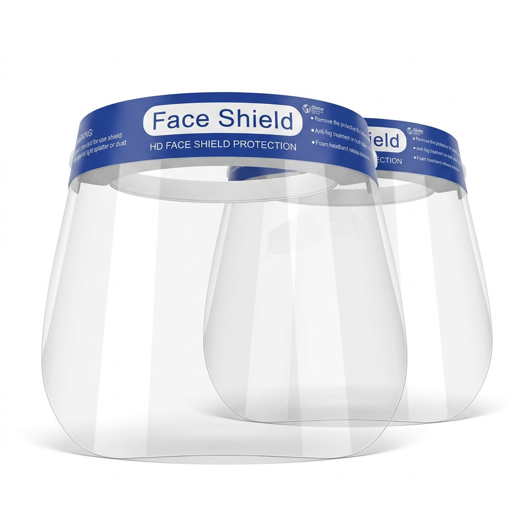 Two clear anti-fog face shields with blue "HD FACE SHIELD PROTECTION" headbands against a white background.