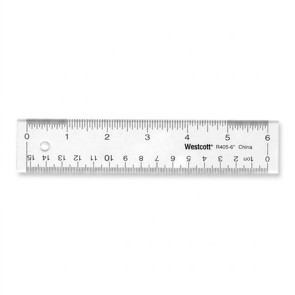 High-resolution hero shot of the Westcott 15cm/6" acrylic ruler, showing clean markings, accurate scale, and a sharp appearance against a pure white background.