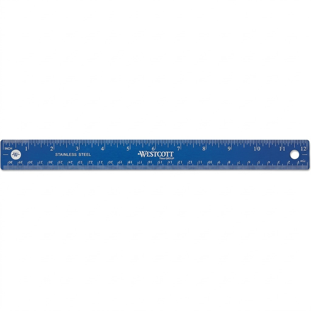 High-resolution hero shot of the blue Westcott 30cm/12 inch stainless steel ruler, showing its exact markings, centered on a pure white background.