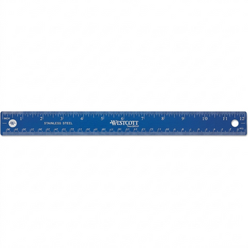 High-resolution hero shot of the blue Westcott 30cm/12 inch stainless steel ruler, showing its exact markings, centered on a pure white background.