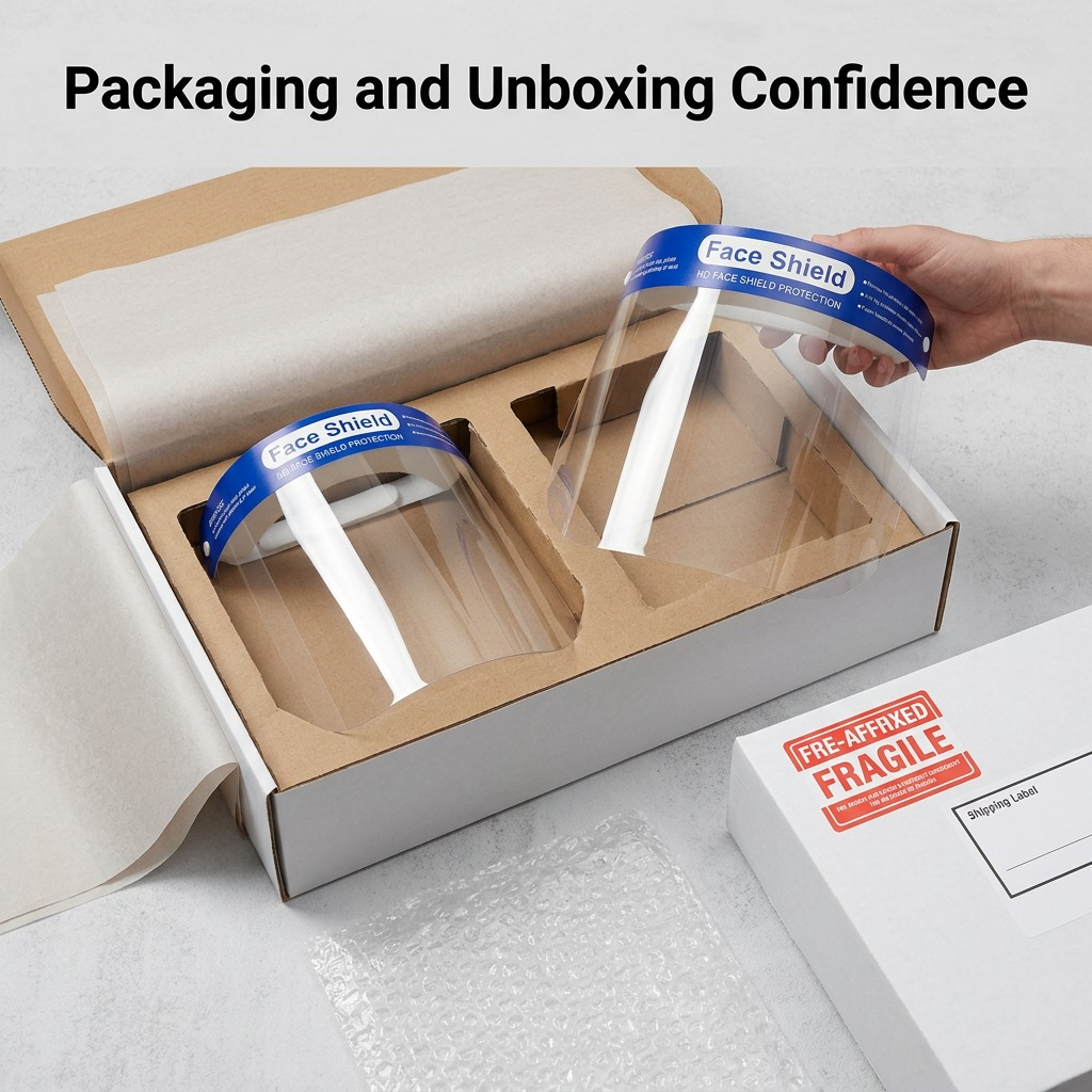 Two clear anti-fog face shields with blue "HD FACE SHIELD PROTECTION" headbands against a white background.