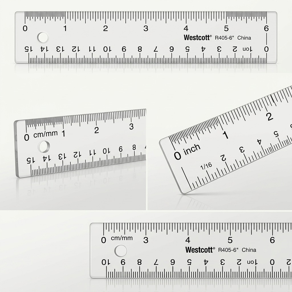 A matrix view of the Westcott 6" acrylic ruler shown in multiple configurations against a brand-aligned gradient background.