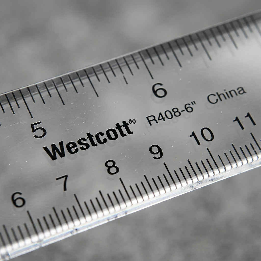 Macro detail of the etched and printed Westcott R408-6" ruler markings.