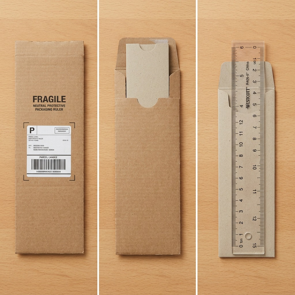 A realistic, premium e-commerce photo of the Westcott 6" acrylic ruler being carefully pulled from a clean, rigid, recycled cardstock protective sleeve within a plain box, showing its condition is perfect upon arrival.