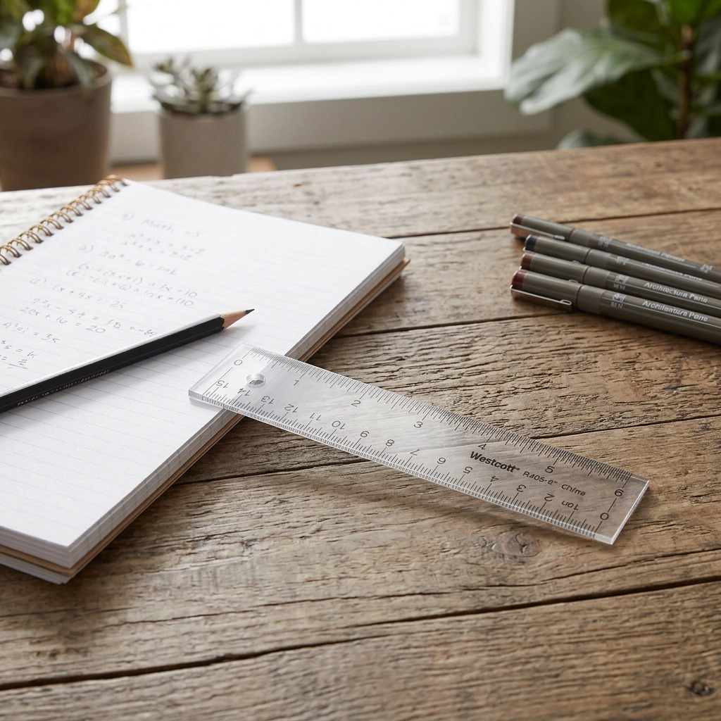 A 6-inch/15-cm clear Westcott acrylic ruler sits on a wooden desk next to open math workbooks and scattered colored pencils. The page shows handwritten diagrams and equations, suggesting geometry work in progress. Natural light from a window illuminates the scene.