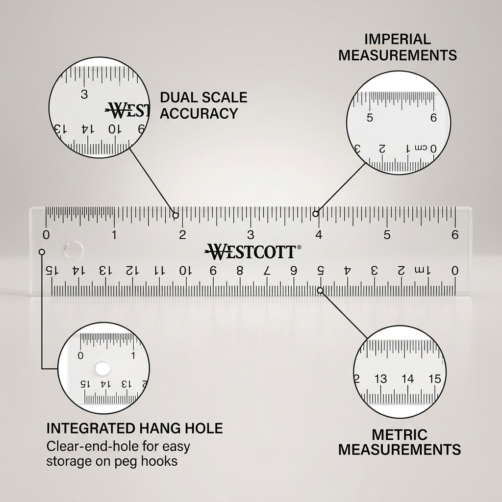 Minimalist product feature graphic: A clear plastic 6-inch ruler with pointers highlighting its dual imperial and metric measurement markings.