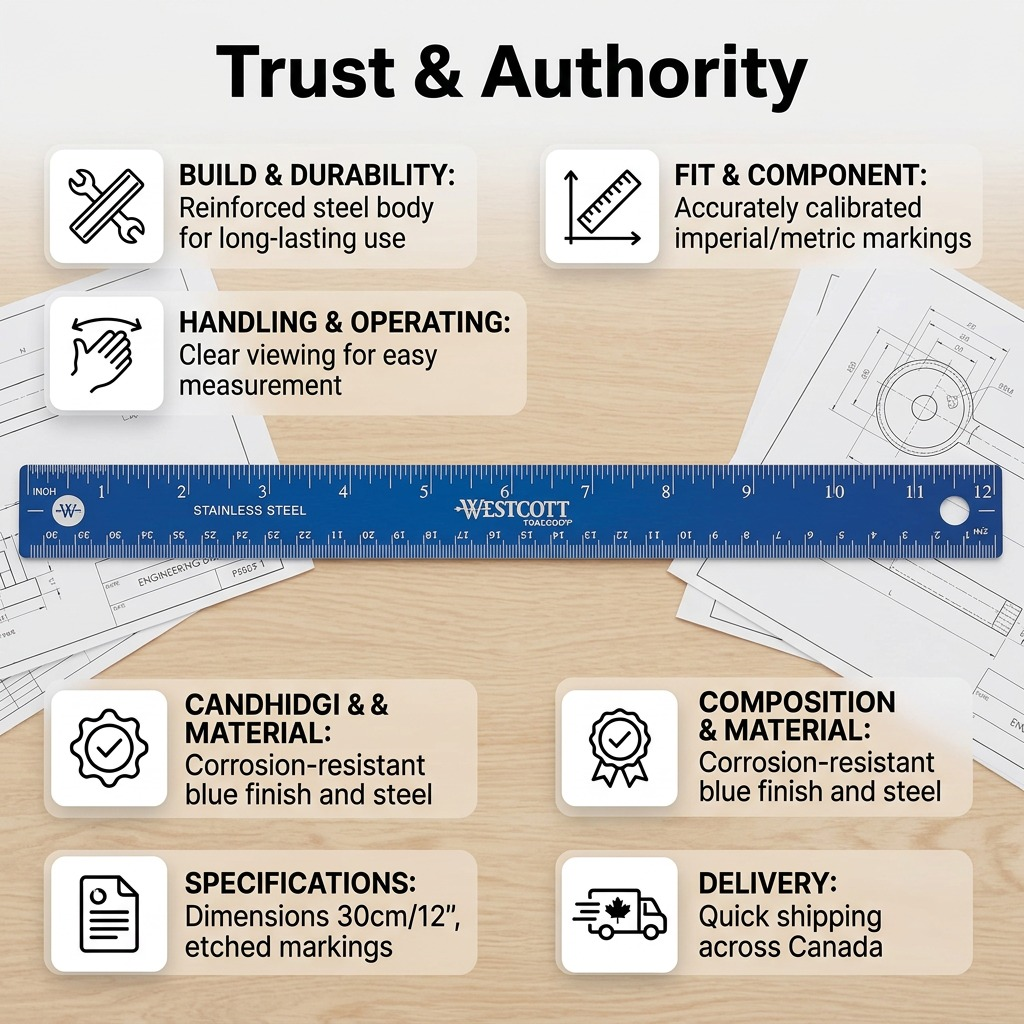 PDP visual matrix showing Westcott ruler with icons for reliability, durability, quality performance, and Canadian shipping.