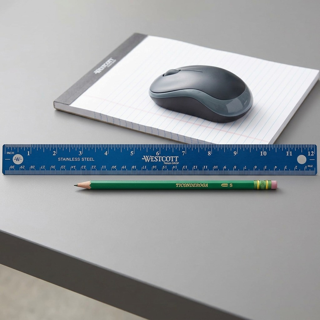 Scale comparison: The specific Westcott 12-inch stainless steel ruler lies alongside a standard pencil on a desk.
