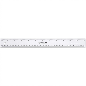 A high-resolution product shot of the Westcott 12-inch/30cm clear plastic ruler, as shown in image_0.png, resting horizontally on a pure white background with a clean, soft shadow and crisp edges.