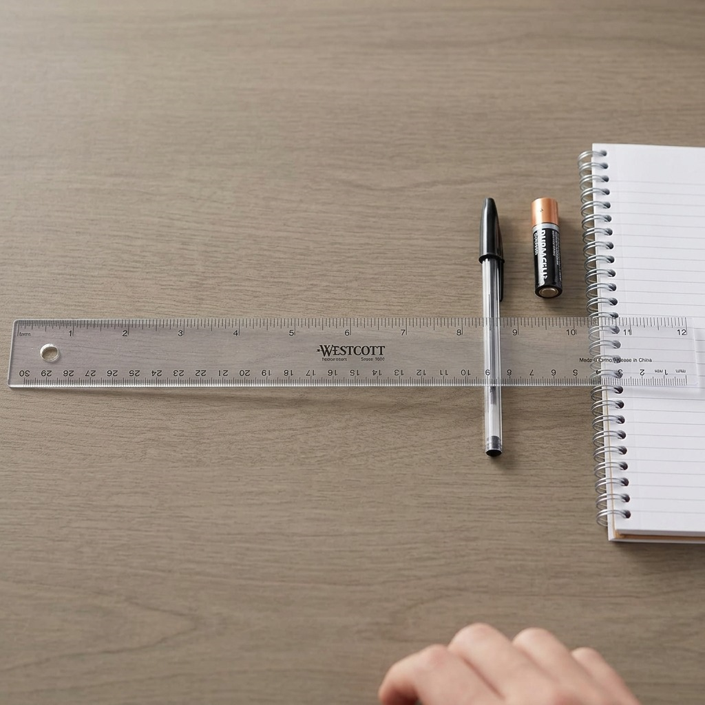 Scale reference photo for Westcott 30cm/12 inch ruler next to standard pen and paper.