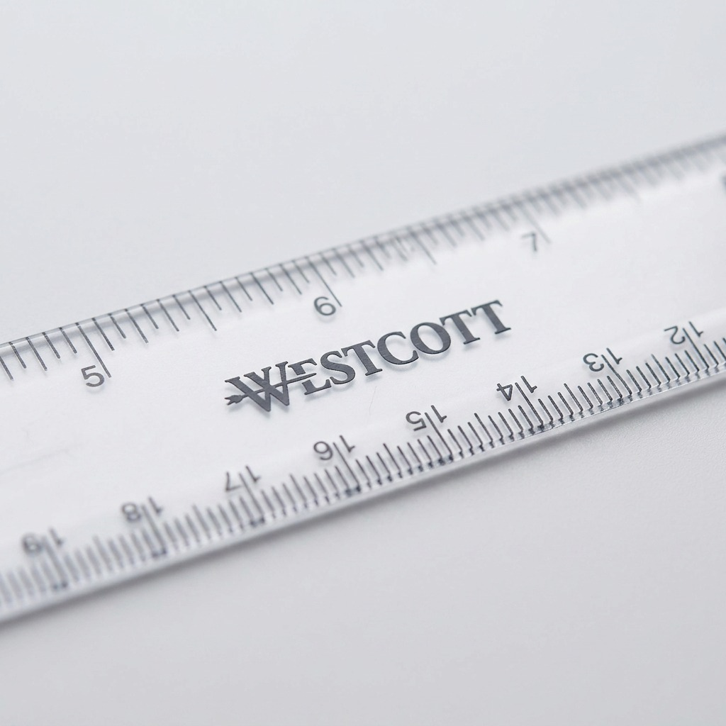 Macro photograph focusing closely on the sharp black markings, WESTCOTT logo, and fine gradations on a translucent, slightly textured ruler.