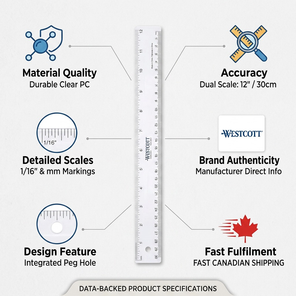 A trust and authority infographic showcasing a Westcott transparent ruler with key feature icons.