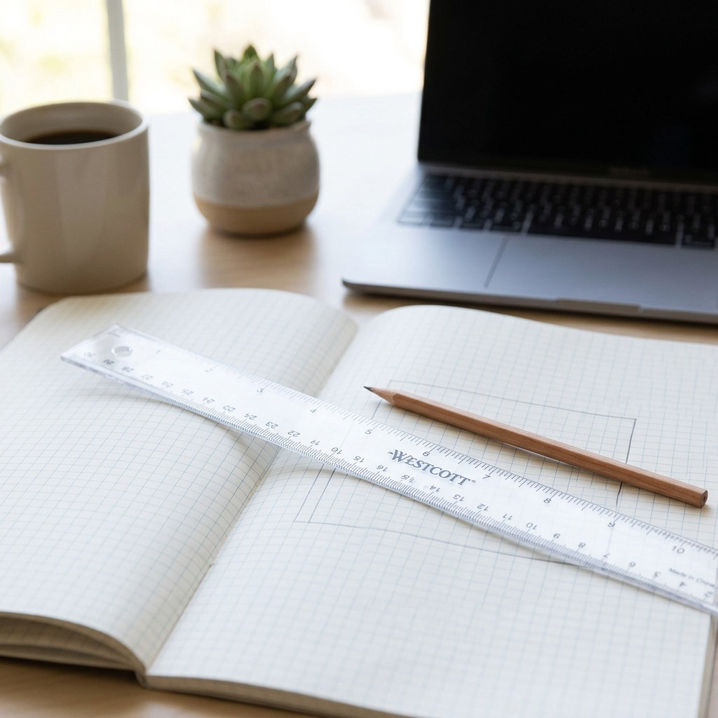 A 30cm Westcott ruler lies flat on a light wood desk, next to a notebook and pencil, in a real-world office.
