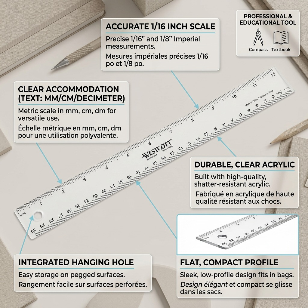 Feature callout matrix graphic for Westcott 40812 12-inch clear acrylic ruler.