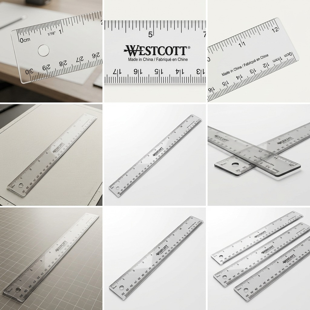 A 3x3 grid comparison matrix showing different translucent color and angle variants of the canonical Westcott ruler.