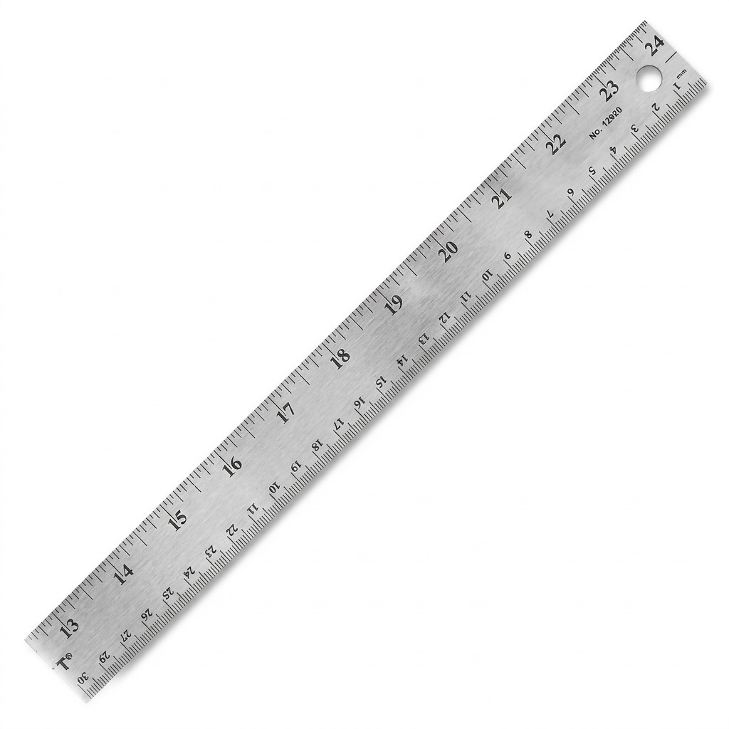 A pristine, high-resolution hero shot of the 24-inch stainless steel Westcott metric/inch ruler, model 50204, centered against a pure white background.