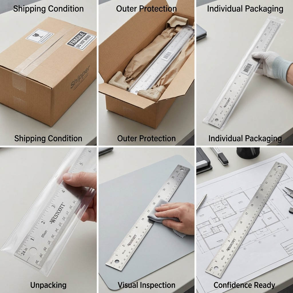 A realistic Westcott 24-inch stainless steel ruler being carefully removed from a protective poly sleeve inside a sturdy shipping box.