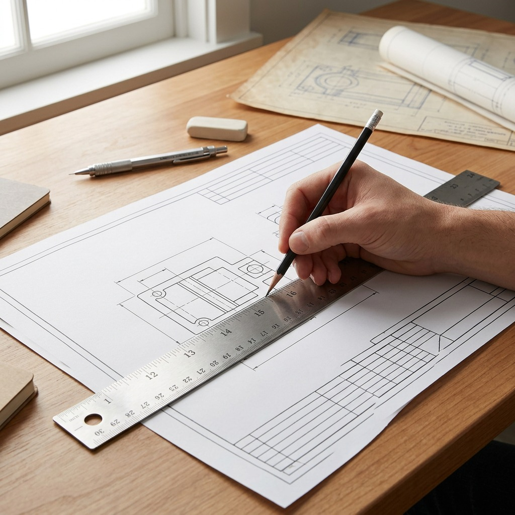 A lifestyle photo shows the specific 24" stainless steel ruler from image_0.png in use on a wooden desk. Under accurate, natural lighting, a hand marks a perfect line with a pencil against the ruler on drafting paper. Other creative tools and projects are softly in focus. The ruler's distinct markings are clear. (UPC: 65956502046)