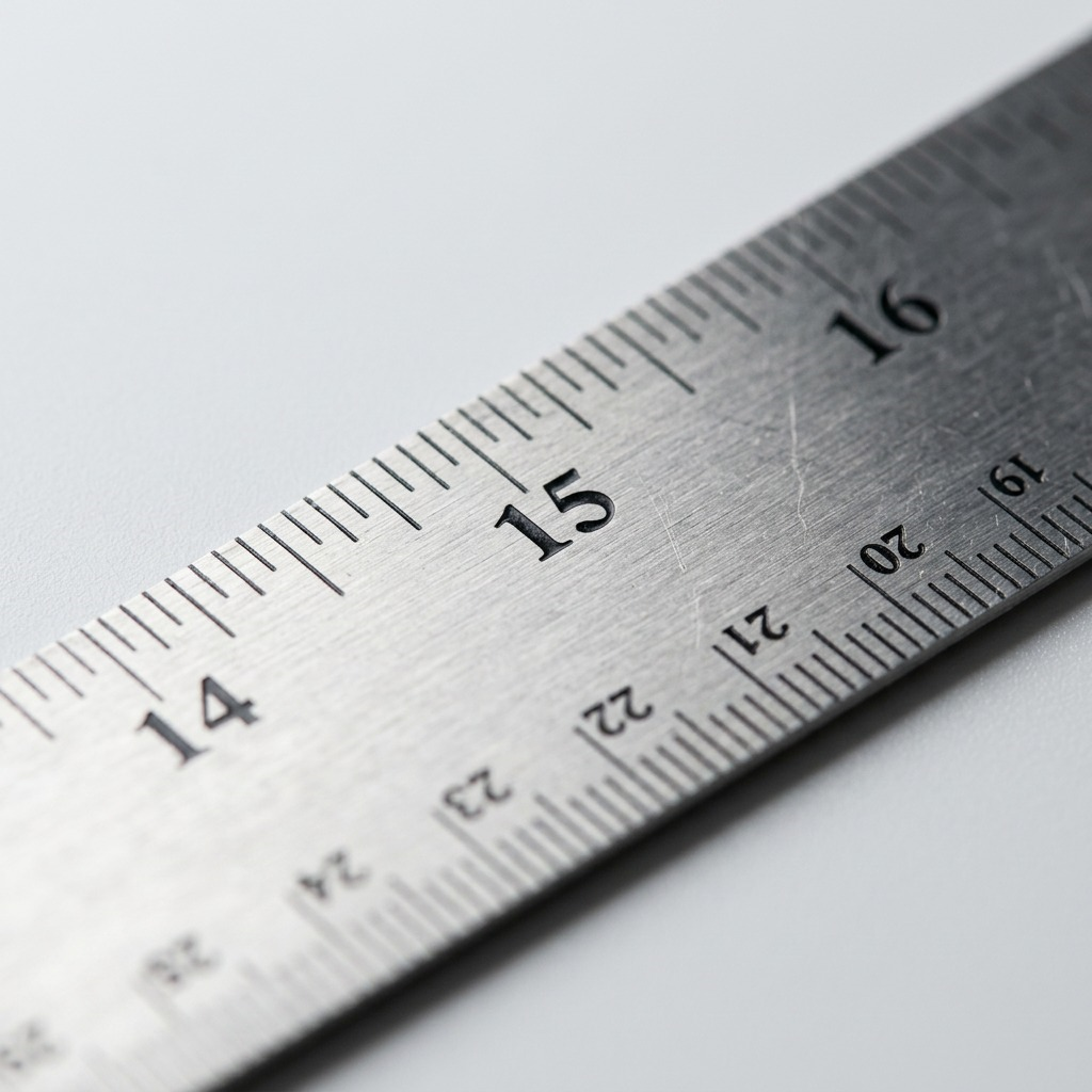 Extreme macro view of Westcott 24-inch ruler, showing precise laser-etched black in:cm markers on steel.