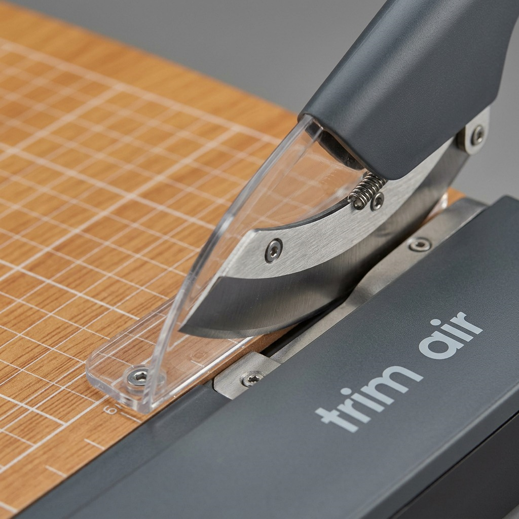 Macro detail shot of the Trimair trimmer showing the safety blade guard and cutting action.