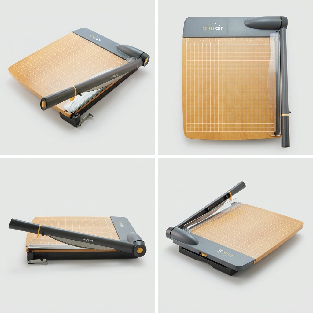 A matrix image featuring four views of the Westcott Trimair 12" Guillotine Trimmer on a neutral, clean product page background. The views include: a 45-degree angle showing top and side details, a direct top-down view, a side profile, and a three-quarter view. The trimmer is the gray and wood grain version seen in the reference.