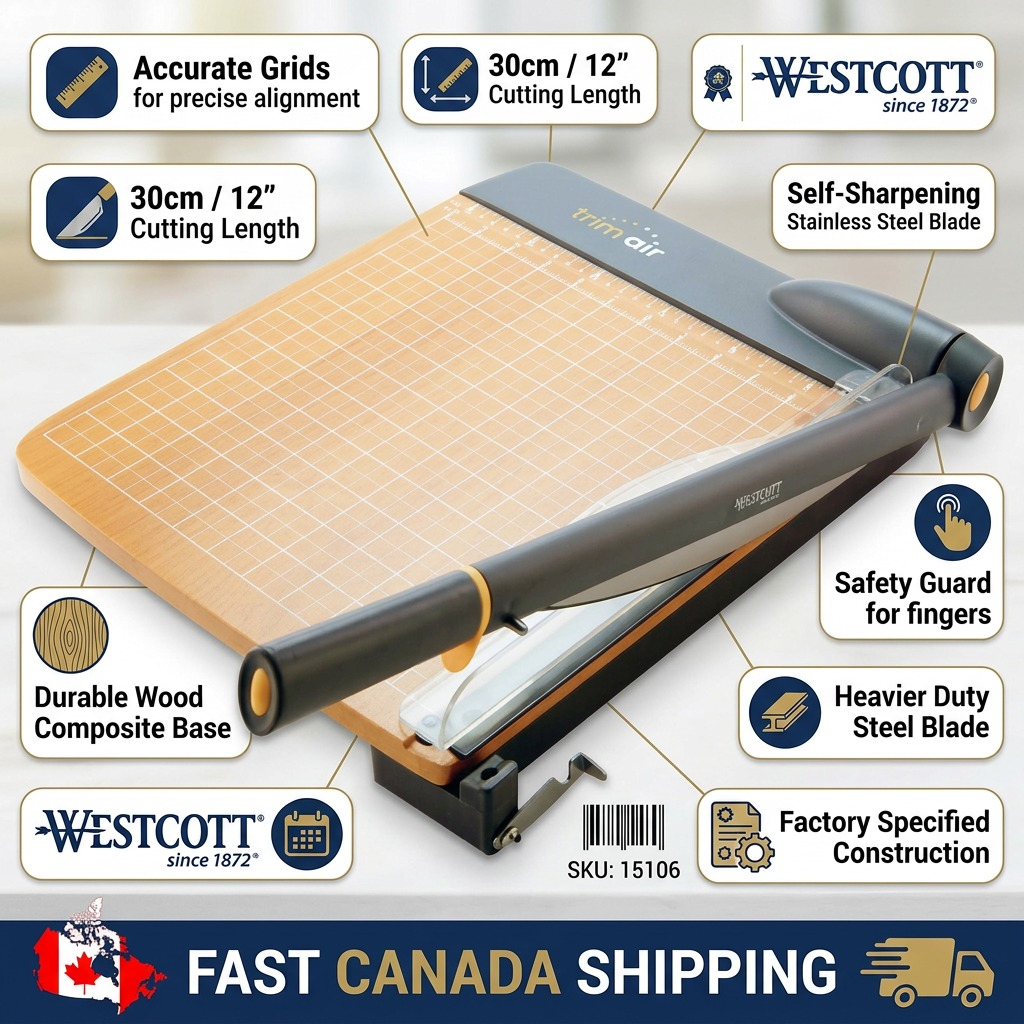 Trust infographic for Westcott Trimair trimmer with features, brand data, and Canadian shipping.