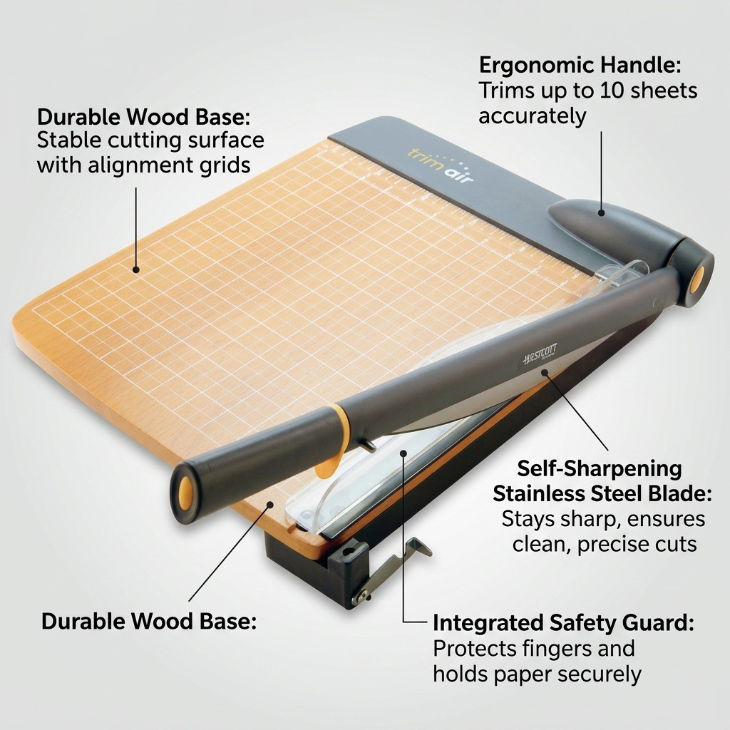 An infographic callout image of the paper trimmer, highlighting its wood base, blade, and safety features.