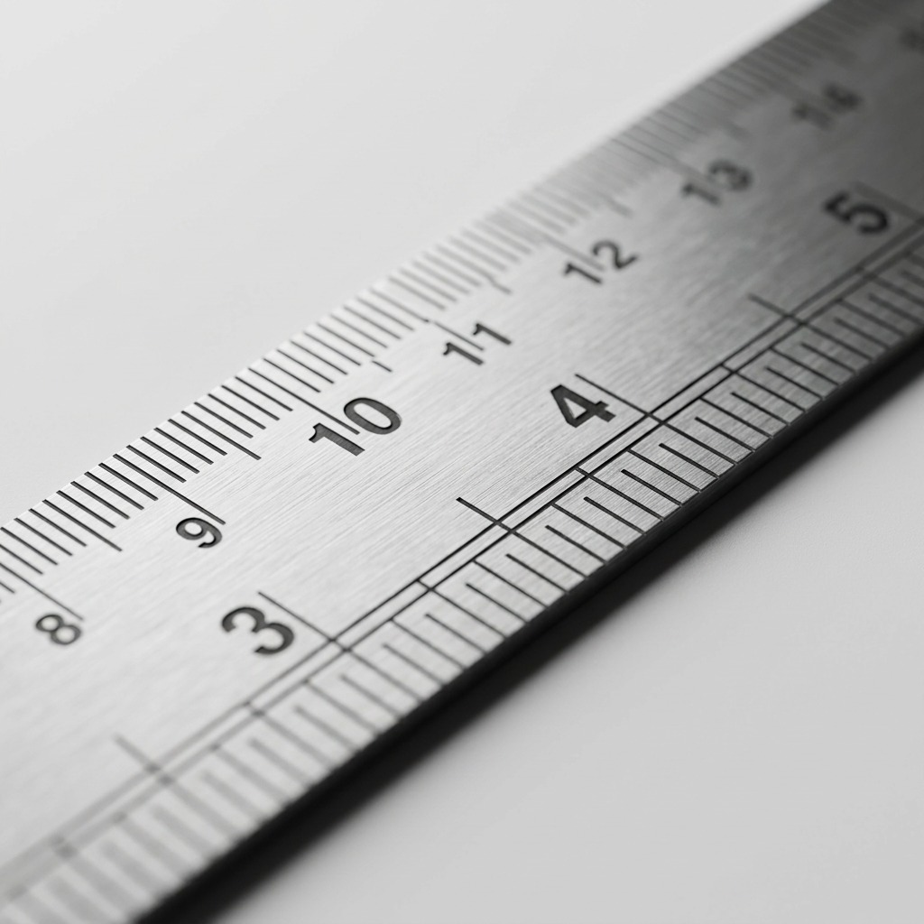 A detailed macro shot showing the fine metal texture and etched markings of the ruler.