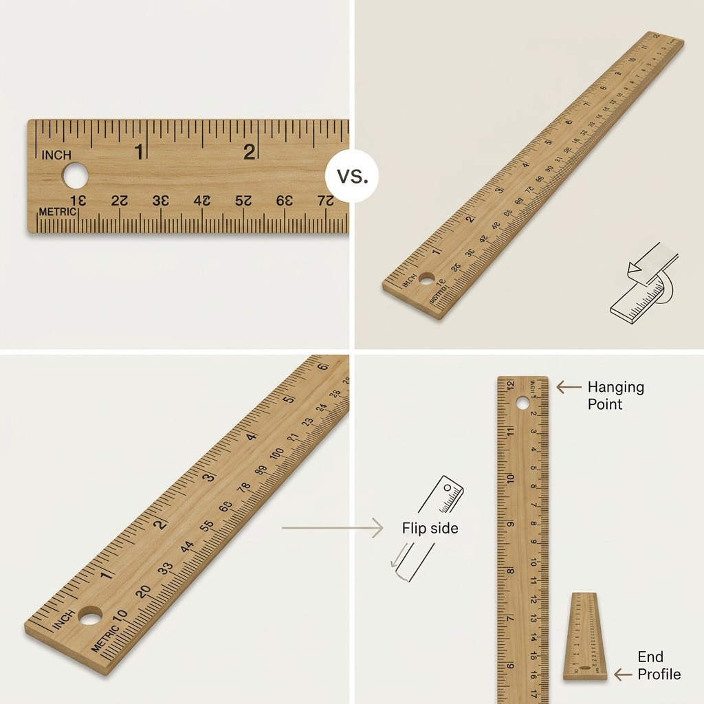 PDP visual matrix grid showing four orientations and metric/inch configurations of the Westcott wooden ruler.