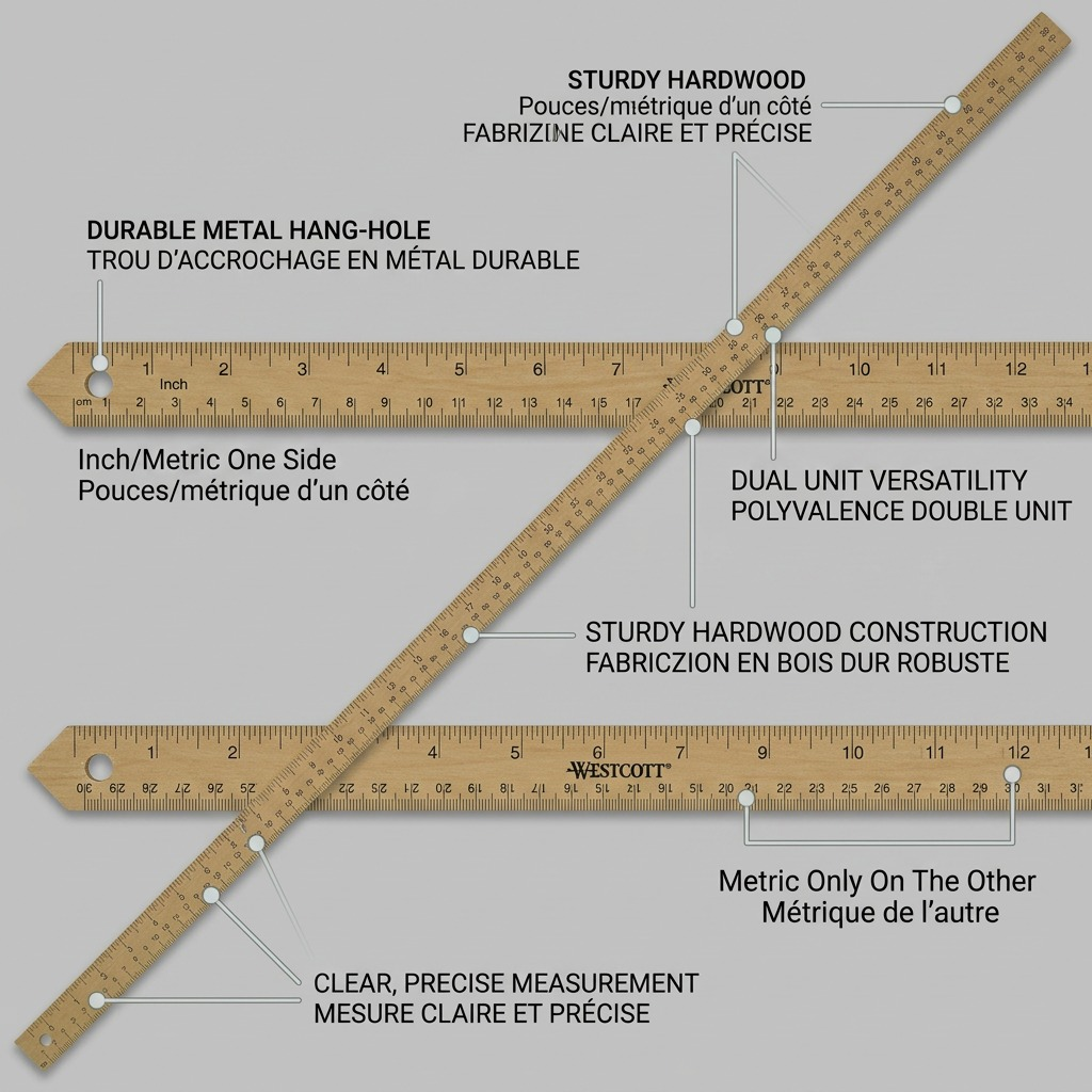 Ecommerce graphic for Westcott 50211, showing an operational yardstick with callouts for measuring, materials, and hang-hole.