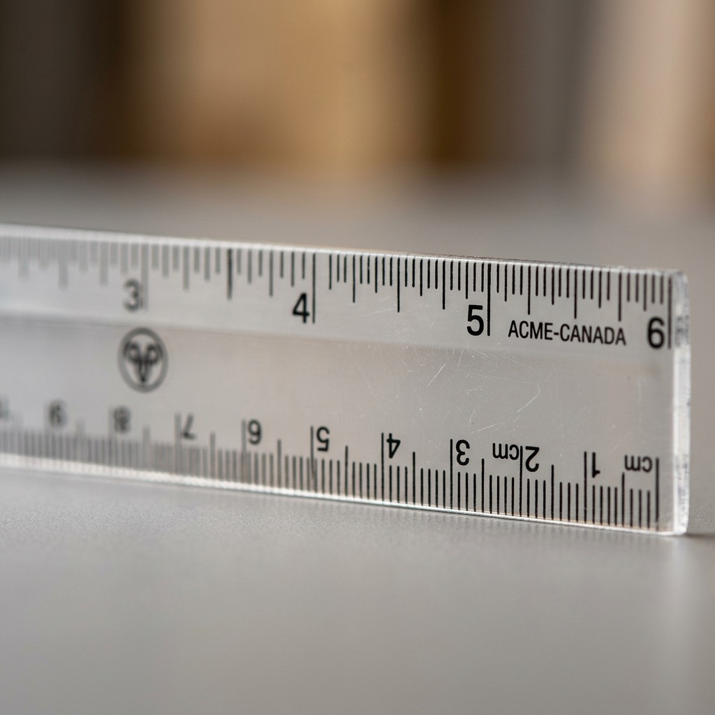 Extreme macro photo showing the detailed metric and imperial measurement markings and ACME-CANADA text on the Westcott acrylic ruler.