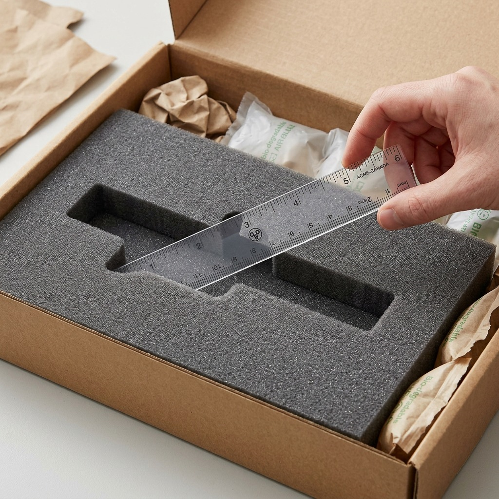 Unboxing a Westcott 15cm ruler: lifting the ruler from a form-fitting cavity in protective cradling foam, revealing its markings and logo, highlighting transit safety.
