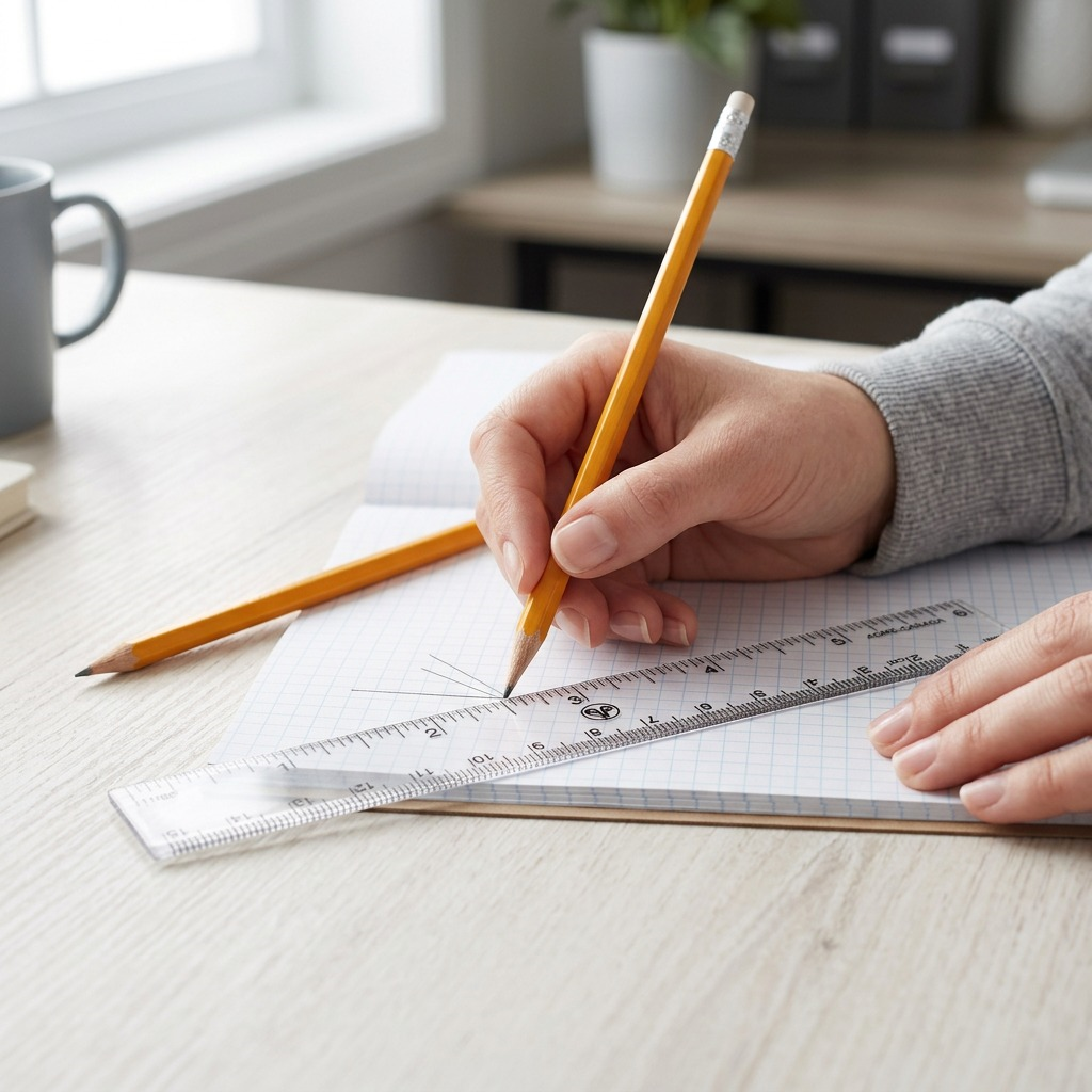 A clear plastic 6-inch/15-cm Westcott ruler lay flat on a light-wood desk next to a pencil and open notebook. A hand is about to use it for measurement. Natural light illuminates the scene, highlighting the scale markings. The ruler is the same item featured in image_0.png.