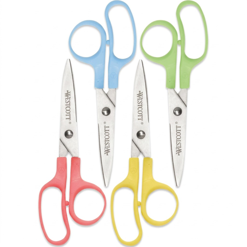 Four Westcott 5 inch Pointed Kleencut Kids Scissors in red, blue, green, and yellow on white.