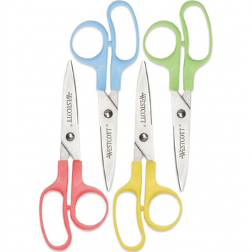 Four Westcott 5 inch Pointed Kleencut Kids Scissors in red, blue, green, and yellow on white.